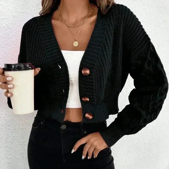Black Casual Women's Drop Shoulder Button Front Cardigan - Picture 5 of 6